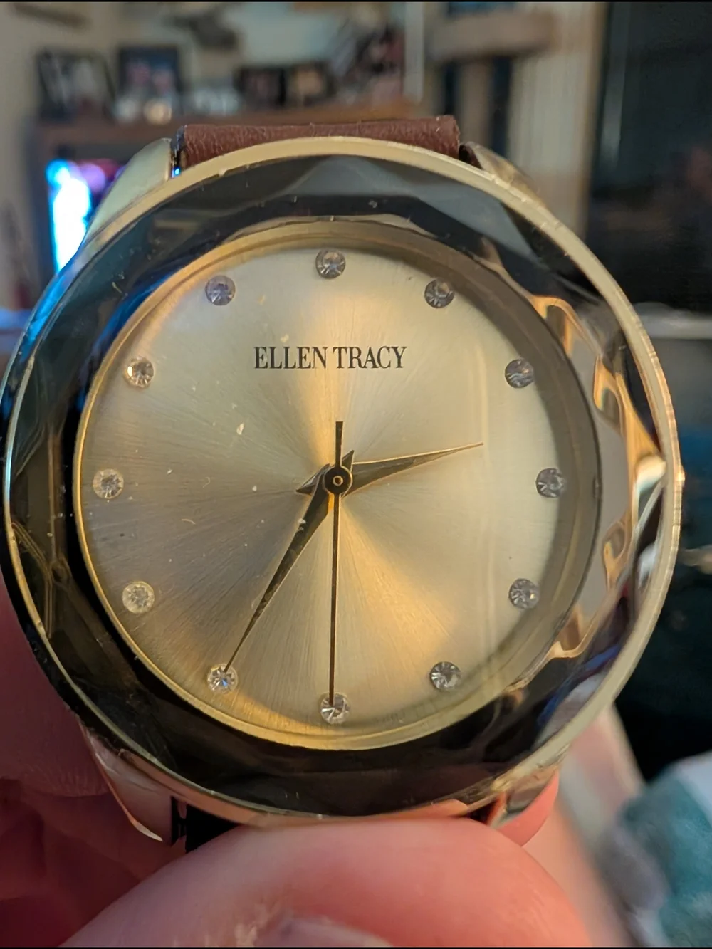 Vintage Ellen Tracy Women's Gold Dial Watch with Brown Leather Strap New Battery